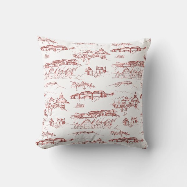 Chattanooga Toile Red and White Throw Pillow (Front)