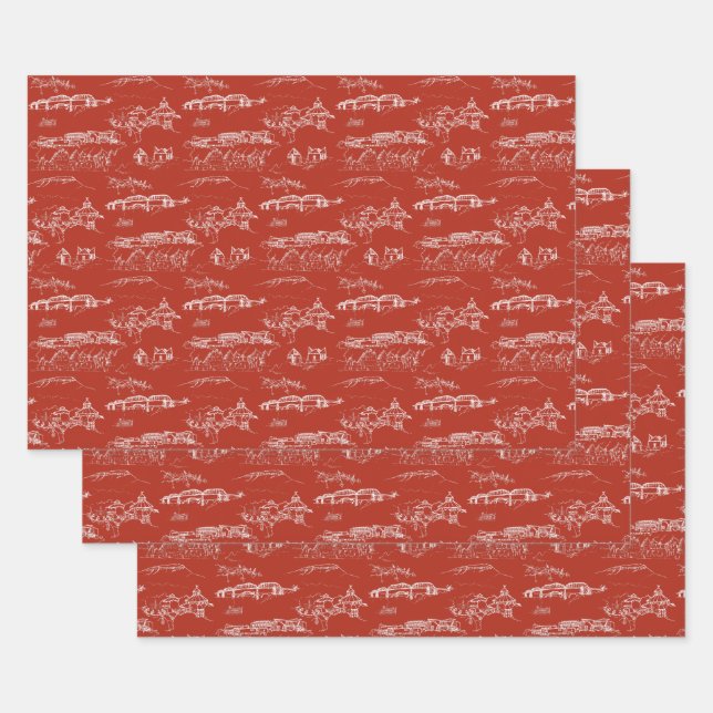 Chattanooga Toile Red Holiday Wrap 3 Sheets (Set)