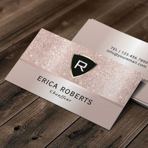 Chauffeur Luxury Monogram Blush Rose Gold Glitter Business Card