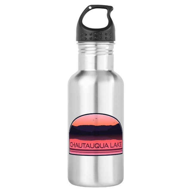 Chautauqua Lake New York Red Sunrise Stainless Steel Water Bottle (Front)