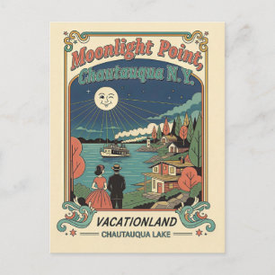 Chautauqua Lake, NY Moonlight Point Retro 1950s Postcard