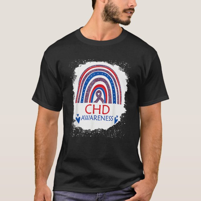 CHD Awareness Bleached Rainbow Blue And Red Ribbon T-Shirt (Front)