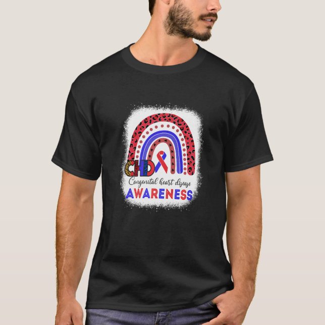 CHD Awareness Heart Disease Leopard Rainbow Blue R T-Shirt (Front)