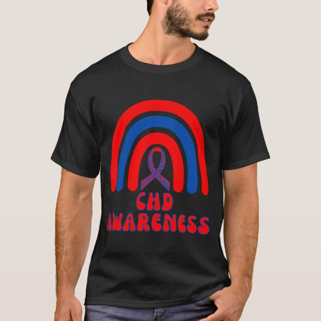 CHD Awareness Heart Disease Rainbow Blue Red Ribbo T-Shirt (Front)