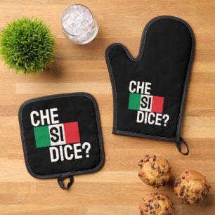 Che Si Dice? - "What's Up?" Italian Saying Black Oven Mitt & Pot Holder Set