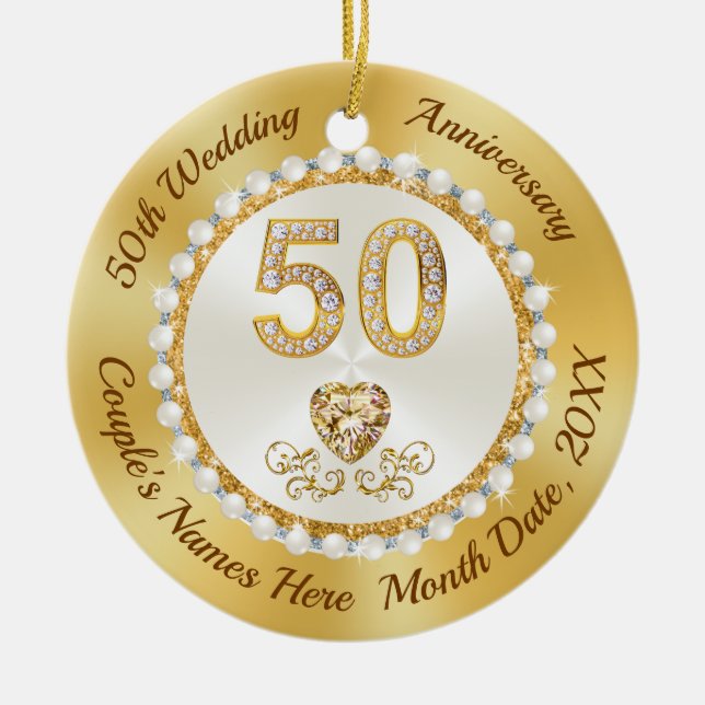 Cheap 50th Wedding Anniversary Gifts, Gold Favors Ceramic Ornament (Front)