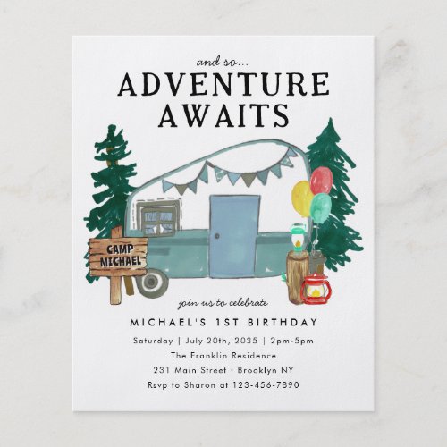 Cheap Adventure Awaits Car Trees Camping Birthday Flyer