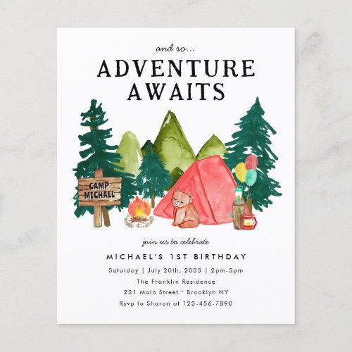 Cheap Adventure Awaits Tent Bear Camping Birthday Flyer