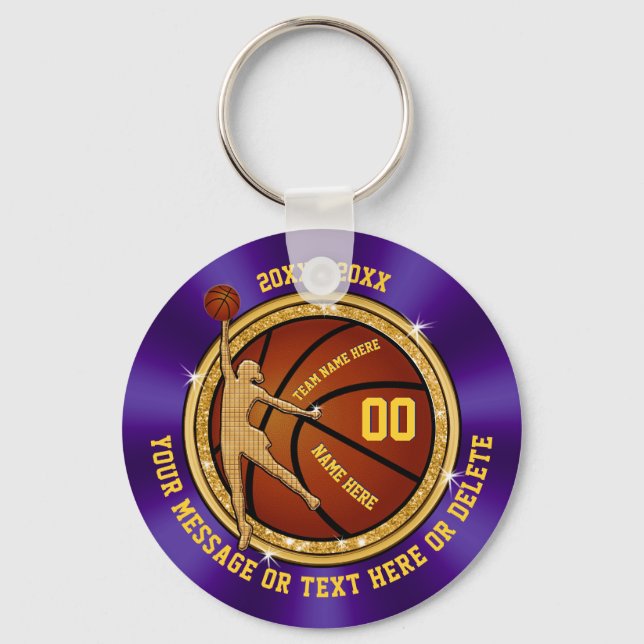 Cheap Basketball Team Gift Ideas, Purple and Gold Keychain (Front)