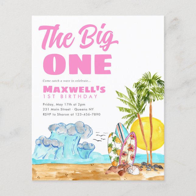 Cheap Big One Pink Girl Beach 1st Surfing Birthday Flyer (Front)