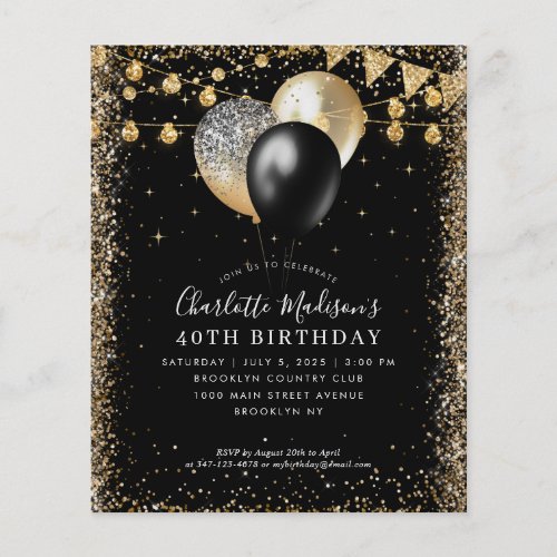Cheap Black Gold Glitter Lights Balloon Birthday Flyer