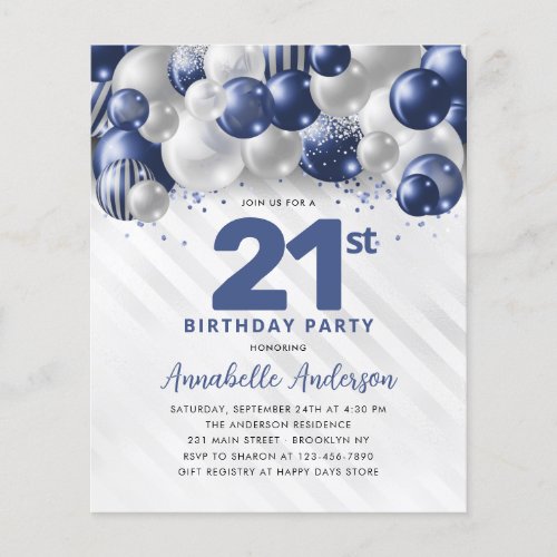 Cheap Blue Silver Balloon Glitter 21st Birthday Flyer