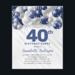 Cheap Blue Silver Balloon Glitter 40th Birthday Flyer<br><div class="desc">Modern Glam Navy Blue Silver Balloon Glitter Sparkle Any Age Birthday Invitation</div>