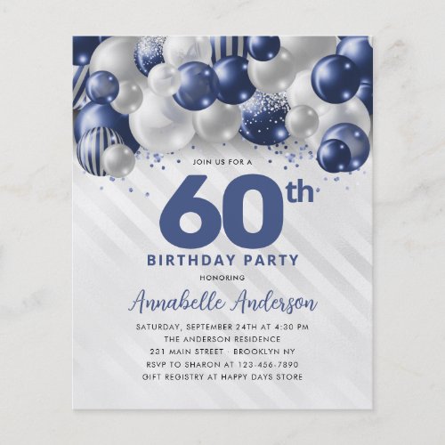 Cheap Blue Silver Balloon Glitter 60th Birthday Flyer