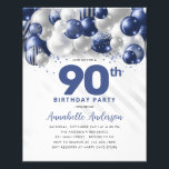 Cheap Blue Silver Balloon Glitter 90th Birthday Flyer<br><div class="desc">Modern Glam Navy Blue Silver Balloon Glitter Sparkle Any Age Birthday Invitation</div>