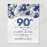 Cheap Blue Silver Balloon Glitter 90th Birthday Flyer<br><div class="desc">Modern Glam Navy Blue Silver Balloon Glitter Sparkle Any Age Birthday Invitation</div>