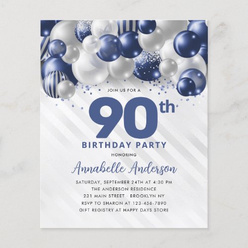 Cheap Blue Silver Balloon Glitter 90th Birthday Flyer