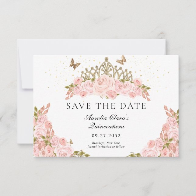 CHEAP Blush Pink Floral Gold Tiara Quinceanera Note Card (Front)