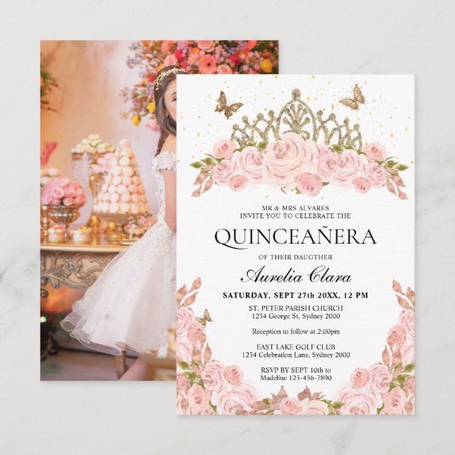 Cheap Blush Pink Floral Tiara Photo Quinceanera Note Card (Front/Back)