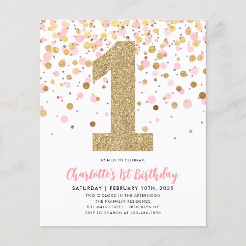 Cheap Blush Pink Gold Confetti Girl 1st Birthday Flyer
