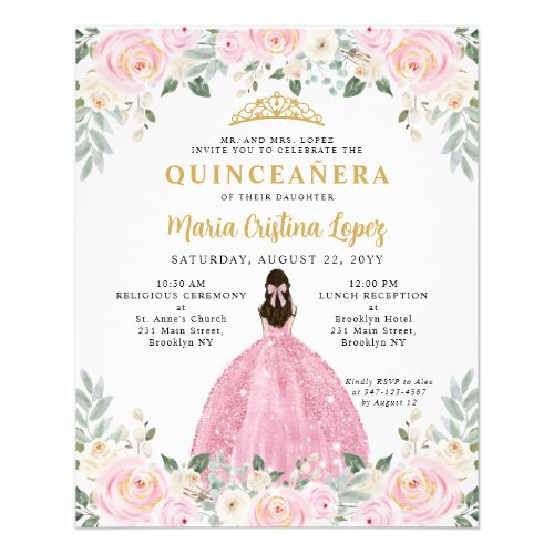 Cheap Blush Pink Gold Floral Princess Quinceaera Flyer
