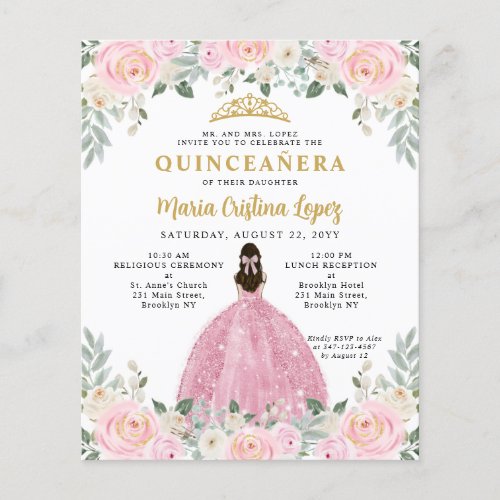 Cheap Blush Pink Gold Floral Princess Quinceaera Flyer