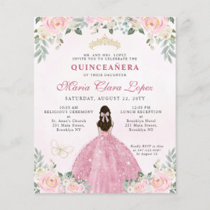 Cheap Blush Pink Gold Floral Princess Quinceañera Flyer