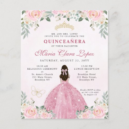 Cheap Blush Pink Gold Floral Princess Quinceaera Flyer