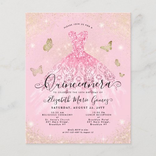 Cheap Blush Pink Gold Gown Quinceanera Invite Flyer