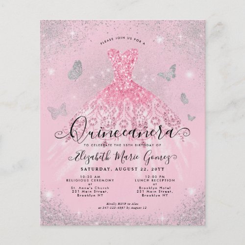 Cheap Blush Pink Silver Gown Quinceanera Invite Flyer