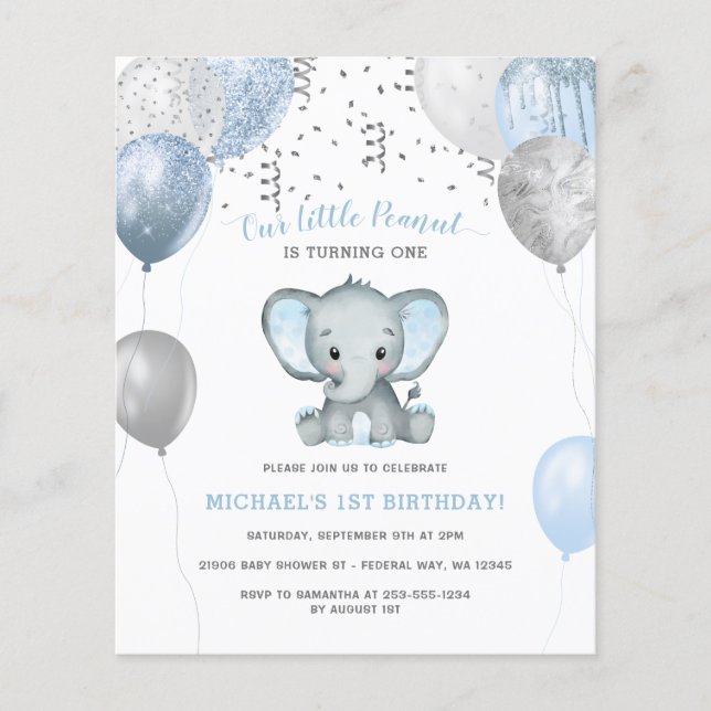 Cheap Boy Elephant Balloons 1st Birthday Flyer (Front)