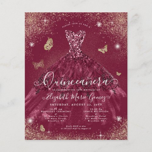 Cheap Burgundy Red Gold Gown Quinceanera Invite Flyer