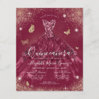 Cheap Burgundy Red Gold Gown Quinceanera Invite