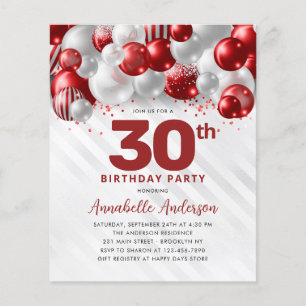 Cheap Burgundy Red Silver Balloon Glitter Birthday Flyer