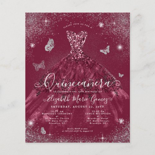 Cheap Burgundy Red Silver Gown Quinceanera Invite Flyer