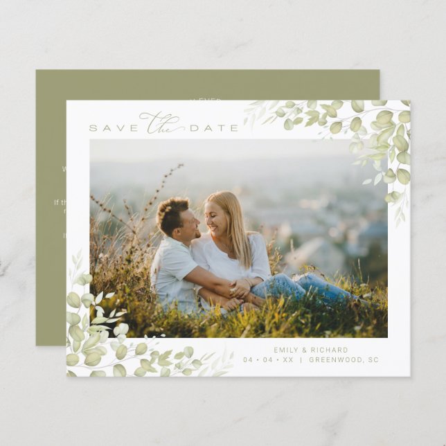 Cheap Chic Modern Green Branches Photo Wedding (Front/Back)