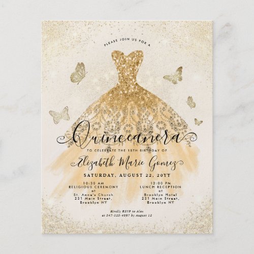 Cheap Classic Light Gold Gown Quinceanera Invite Flyer