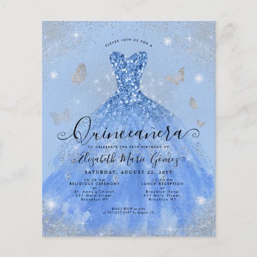 Cheap Dusty Blue Silver Gown Quinceanera Invite Flyer