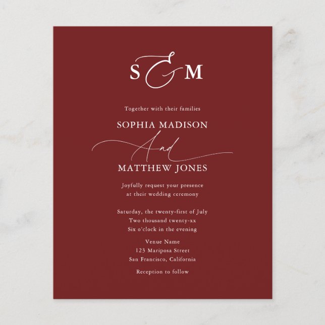 Cheap Elegant Monogram Wedding QR Code Burgundy Flyer (Front)