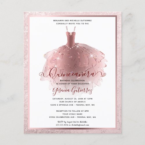 Cheap Elegant Rose Gold Quinceaera Dress Invite Flyer