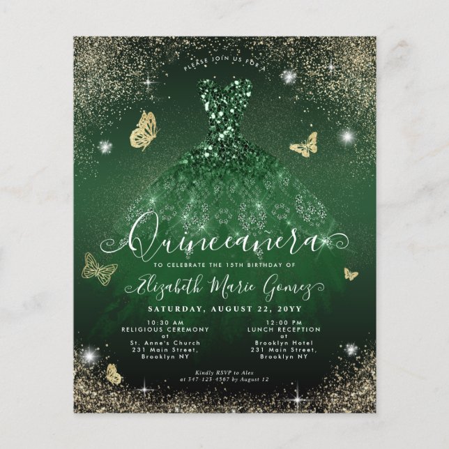 Cheap Emerald Green Gold Gown Quinceanera Card Flyer (Front)