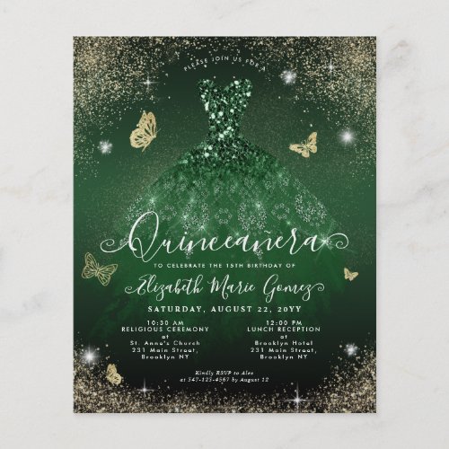 Cheap Emerald Green Gold Gown Quinceanera Card Flyer