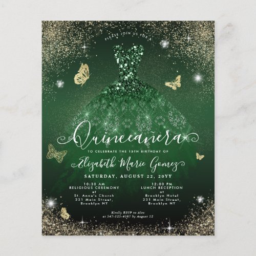 Cheap Emerald Green Gold Gown Quinceanera Card Flyer