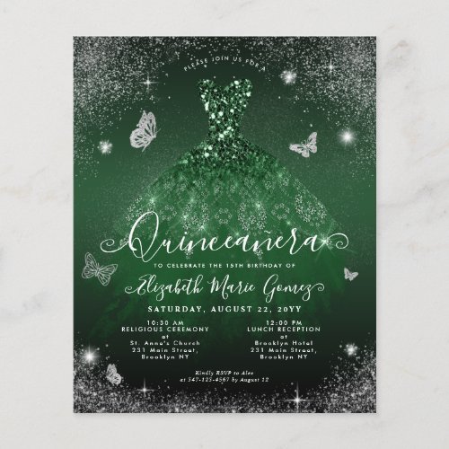 Cheap Emerald Green Silver Gown Photo Quinceanera Flyer