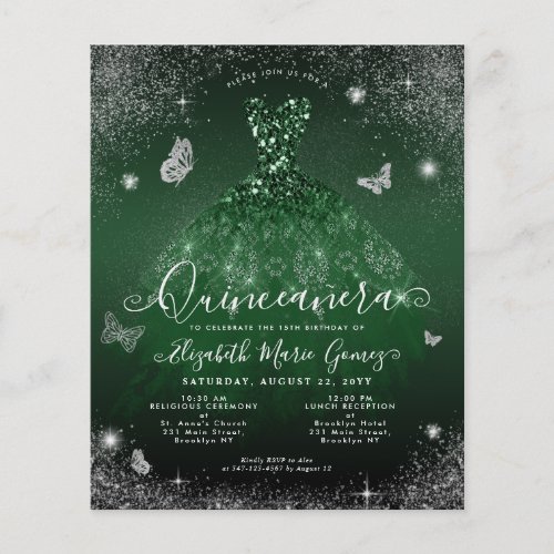 Cheap Emerald Green Silver Gown Quinceanera Card Flyer
