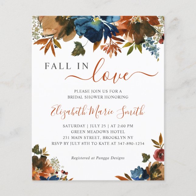 Cheap Fall in Love Floral Navy Blue Bridal Shower Flyer (Front)