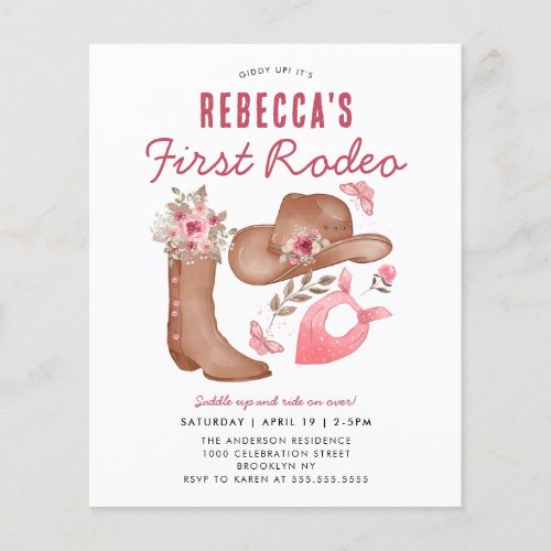 Cheap First Rodeo Blush Pink Cowgirl 1st Birthday Flyer