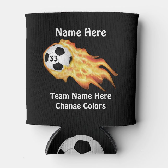 Cheap Flaming Soccer Team Gifts PERSONALIZED Can Cooler (Front)