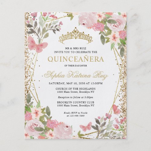 Cheap Floral Blush Gold Tiara Quinceaera Invite Flyer