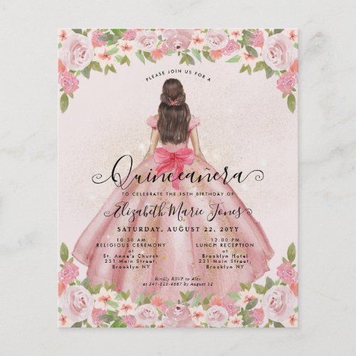 Cheap Floral Blush Pink Gold Princess Quinceanera Flyer